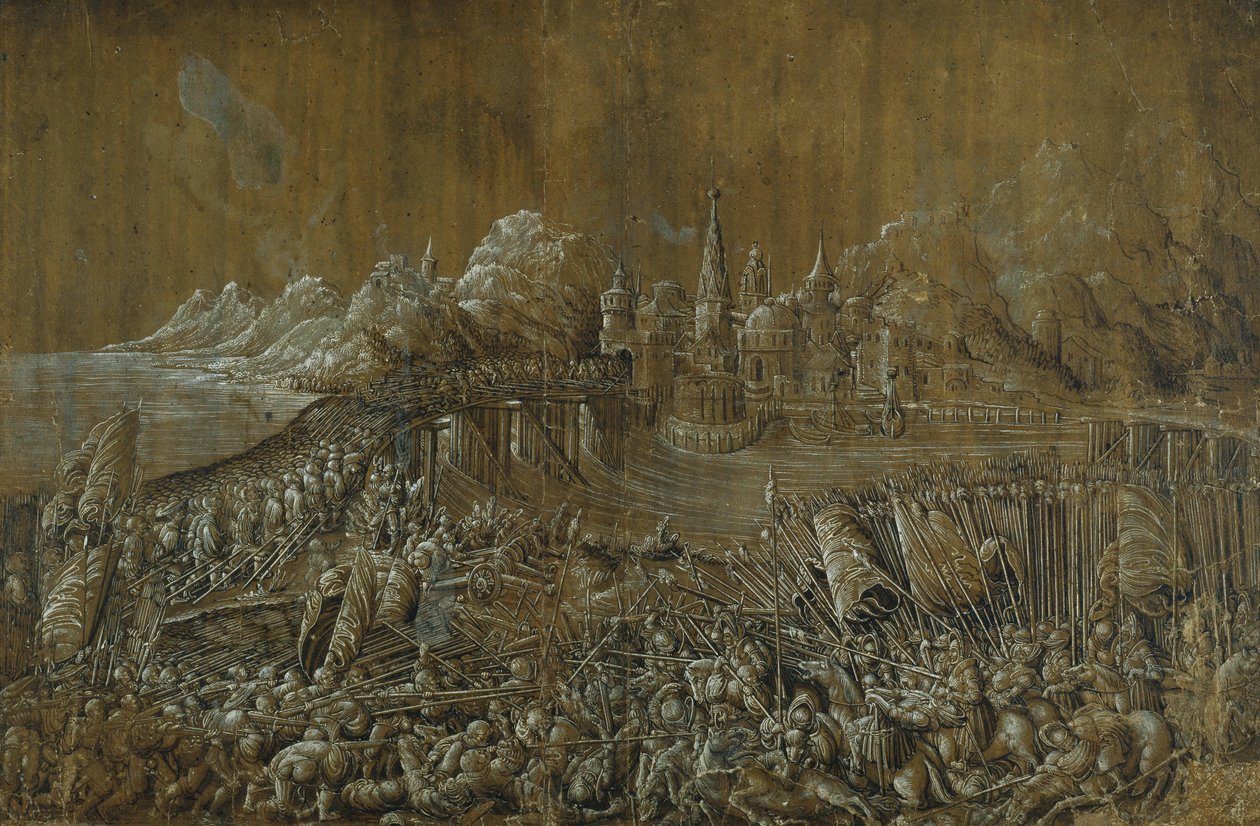 Landaknechten, Bitva na mostě (pero a inkoust s kvašem na papíře) od Albrecht Altdorfer