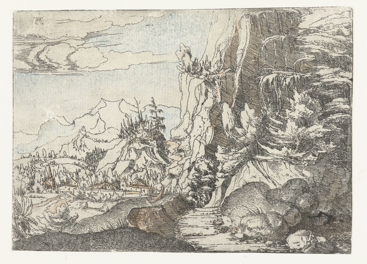 Krajina s temnou skalní stěnou od Albrecht Altdorfer