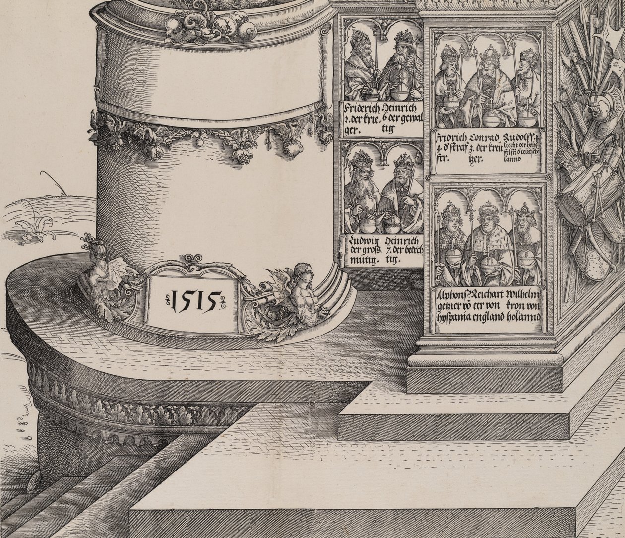 Portréty Maxmiliánových příbuzných a základna levého vnějšího sloupu s datem 1..., 1515. od Albrecht Altdorfer