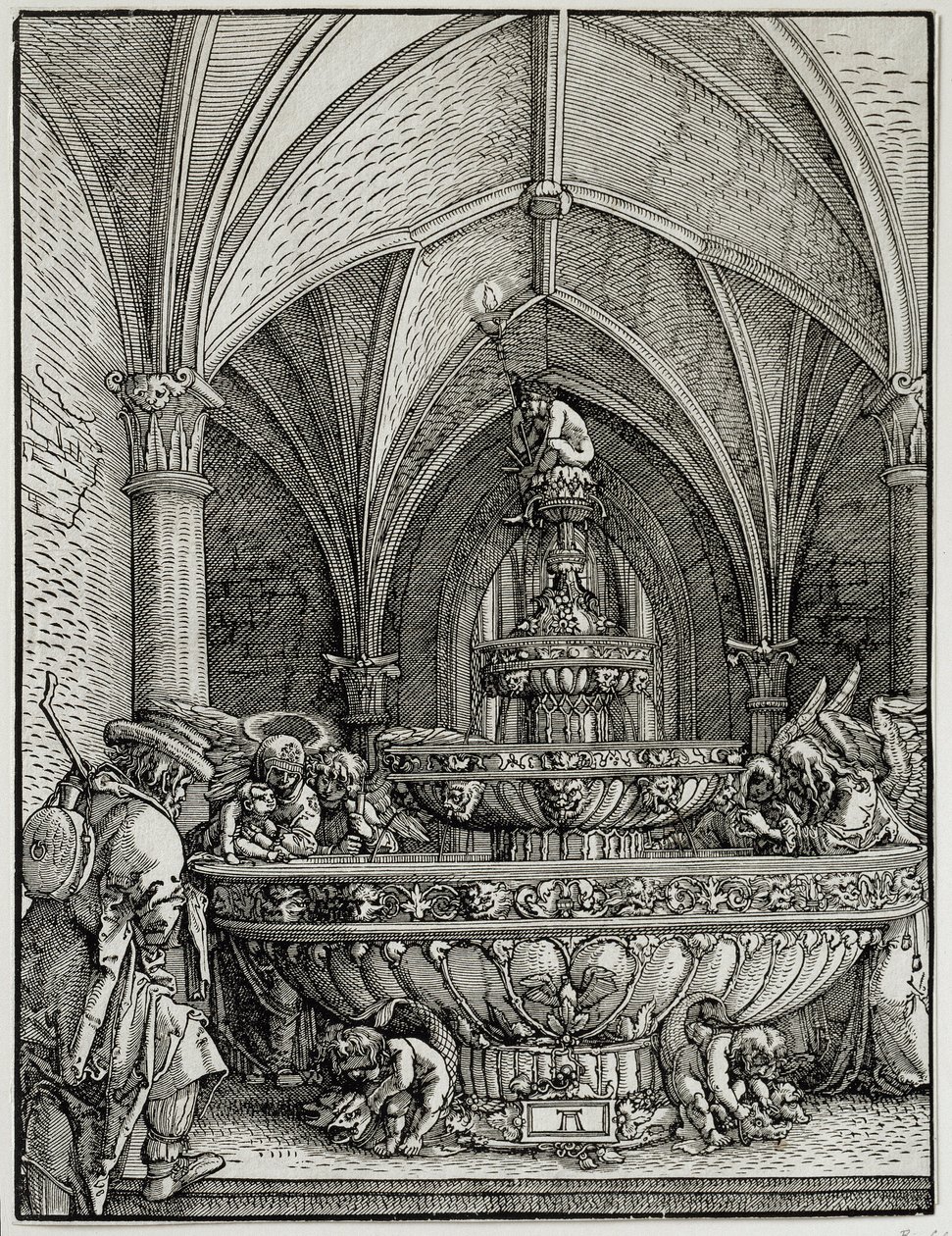 Svatá rodina má fontánu. Rytina Němce Albrechta Altdorfera (1480-1538). muzeum Louvre od Albrecht Altdorfer