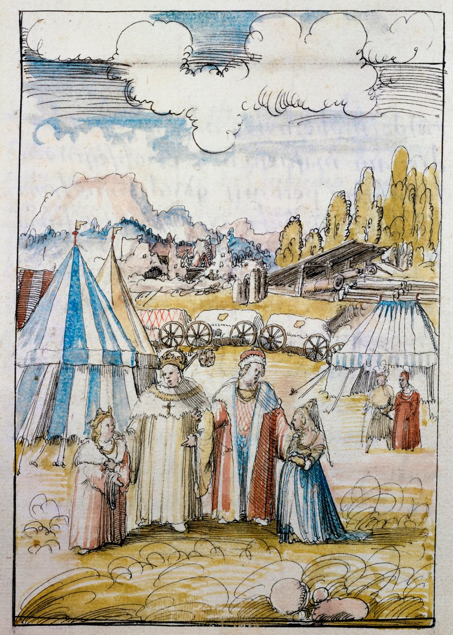 Budoucí císař Maxmilián I. se v čele svého otce Fridricha III. setkává v Neussu se svou nevěstou Marií Burgundskou ... od Albrecht Altdorfer