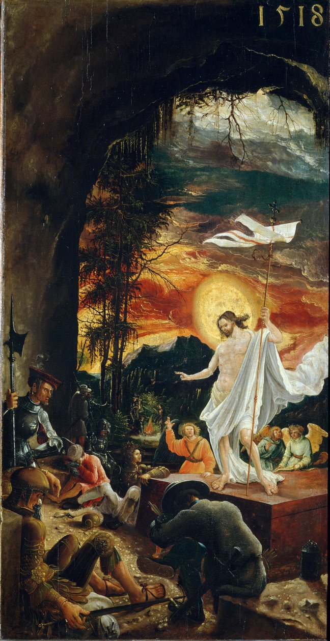 Vzkříšení Krista Drží křížovou hůl, na jejímž konci vlaje bílá vlajka (standard). Obraz Albrechta Altdorfera (asi 1480-1538) 1518 Rozm. 70x37 cm Vídeňské Kunsthistorisches Museum od Albrecht Altdorfer