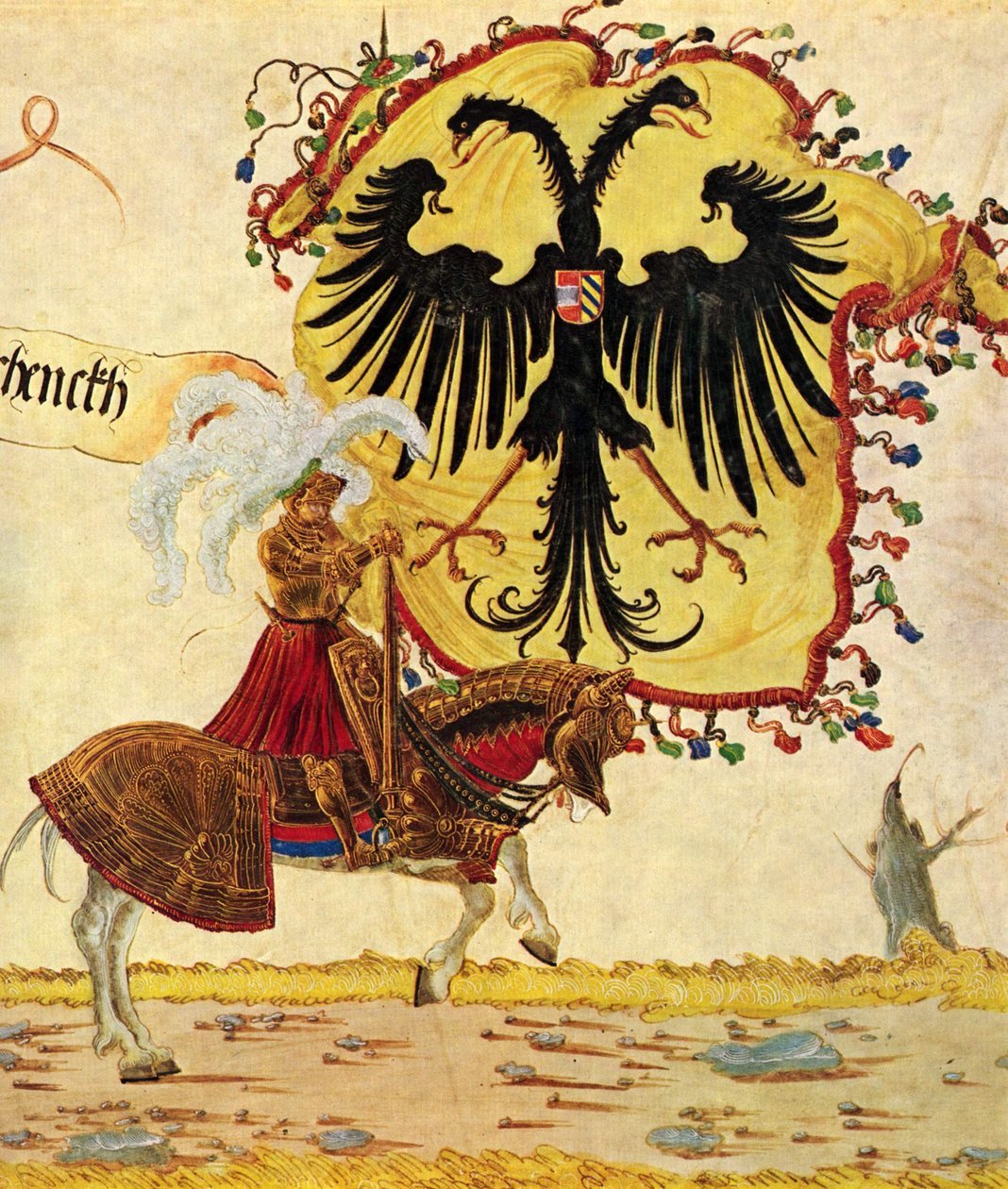 Triumfální průvod císaře Maxmiliána, scéna: císařský prapor a meč, detail od Albrecht Altdorfer