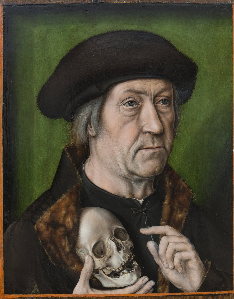 Autoportrét avec un crane - Autoportrét s lebkou, Bouts, Aelbrecht (Albert) (1451/54-1549). Olej na dřevě, c. 1520. Rozměr : 42,6x33 cm. Muzeul National Brukenthal, Sibiu od Albrecht Bouts