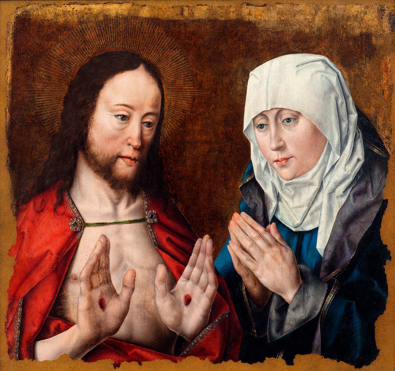 Kristus ukazuje matce rány po hřebech na rukou, asi 1490 (olej na plátně) od Albrecht Bouts
