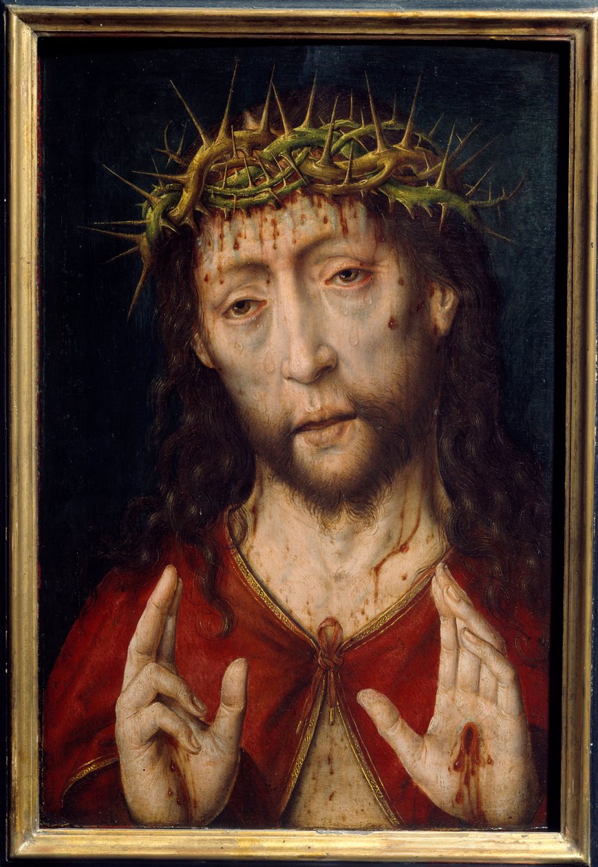 Kristus bolesti. Tvář Krista v krvavých ranách u trnové koruny se stigmaty v dlaních. Obraz Albrechta Boutse (v.1455-1549) Ec. Hol. od Albrecht Bouts