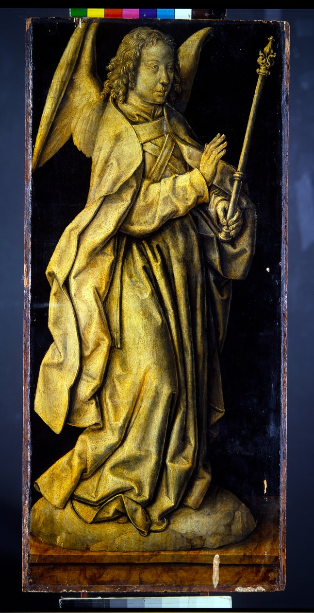 Dříve křídla triptychu, dvojice, Ženské postavy ztělesňující moudrost a štědrost, se zvěstováním (deska; en grisaille verso) od Albrecht Bouts
