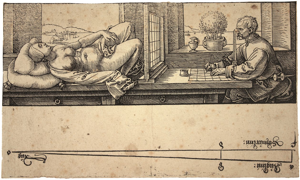 Umělec kreslící akt s perspektivním zařízením, 1538 od Albrecht Dürer