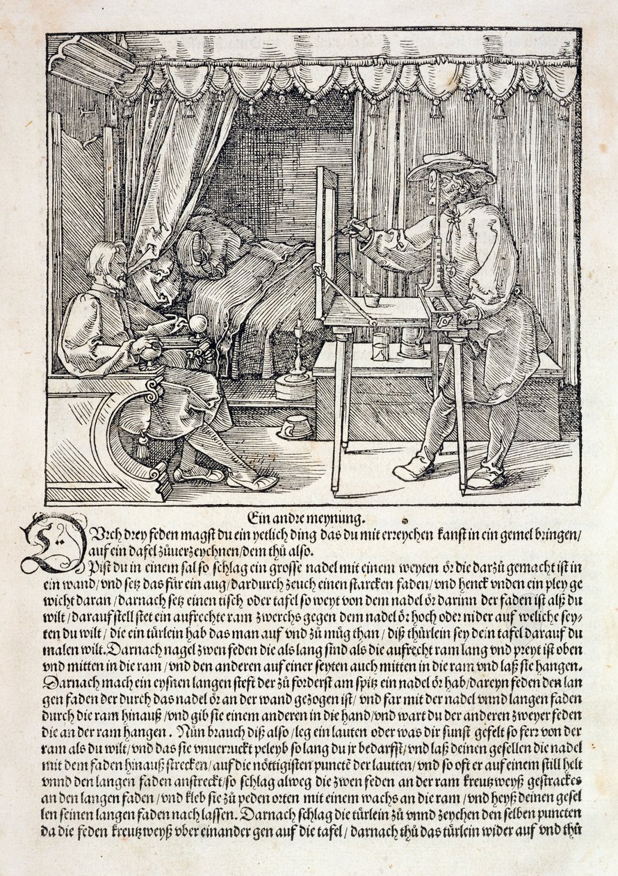 Umělec používající Dürerův kreslicí stroj k malování postavy, z knihy Albrechta Dürera "Kurz kreslení", vydané v Norimberku roku 1525 (viz také 310983) od Albrecht Dürer