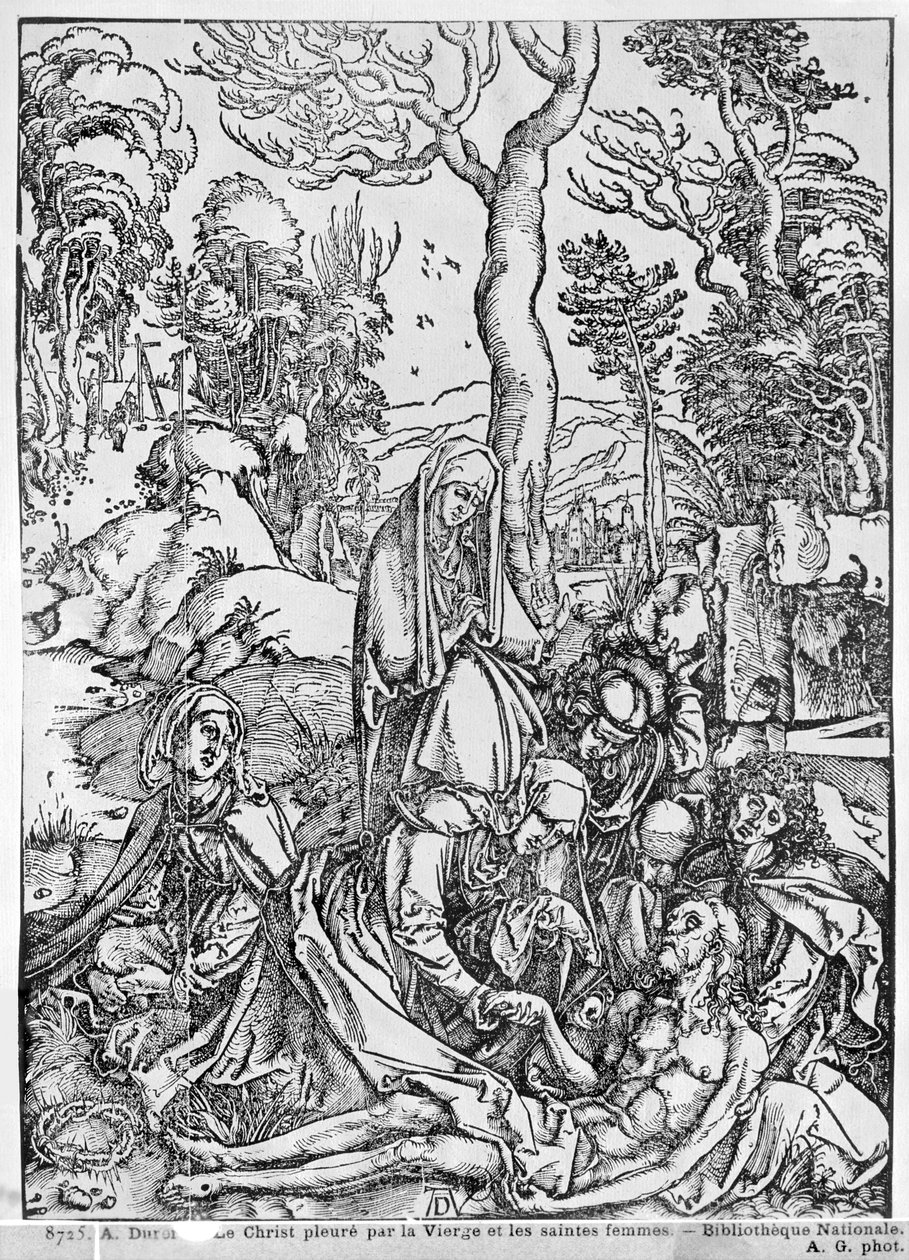 Kristus oplakaný Pannou Marií a Svatými, ze série „Velké umučení“, 1497-1500 (dřevořez) (černobílá fotografie) od Albrecht Dürer