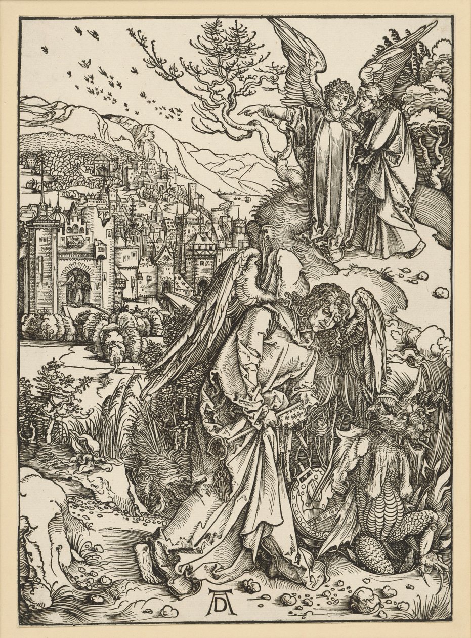 Anděl vrhá draka do propasti a uzavírá ho v ní (Apokalypsa) od Albrecht Dürer