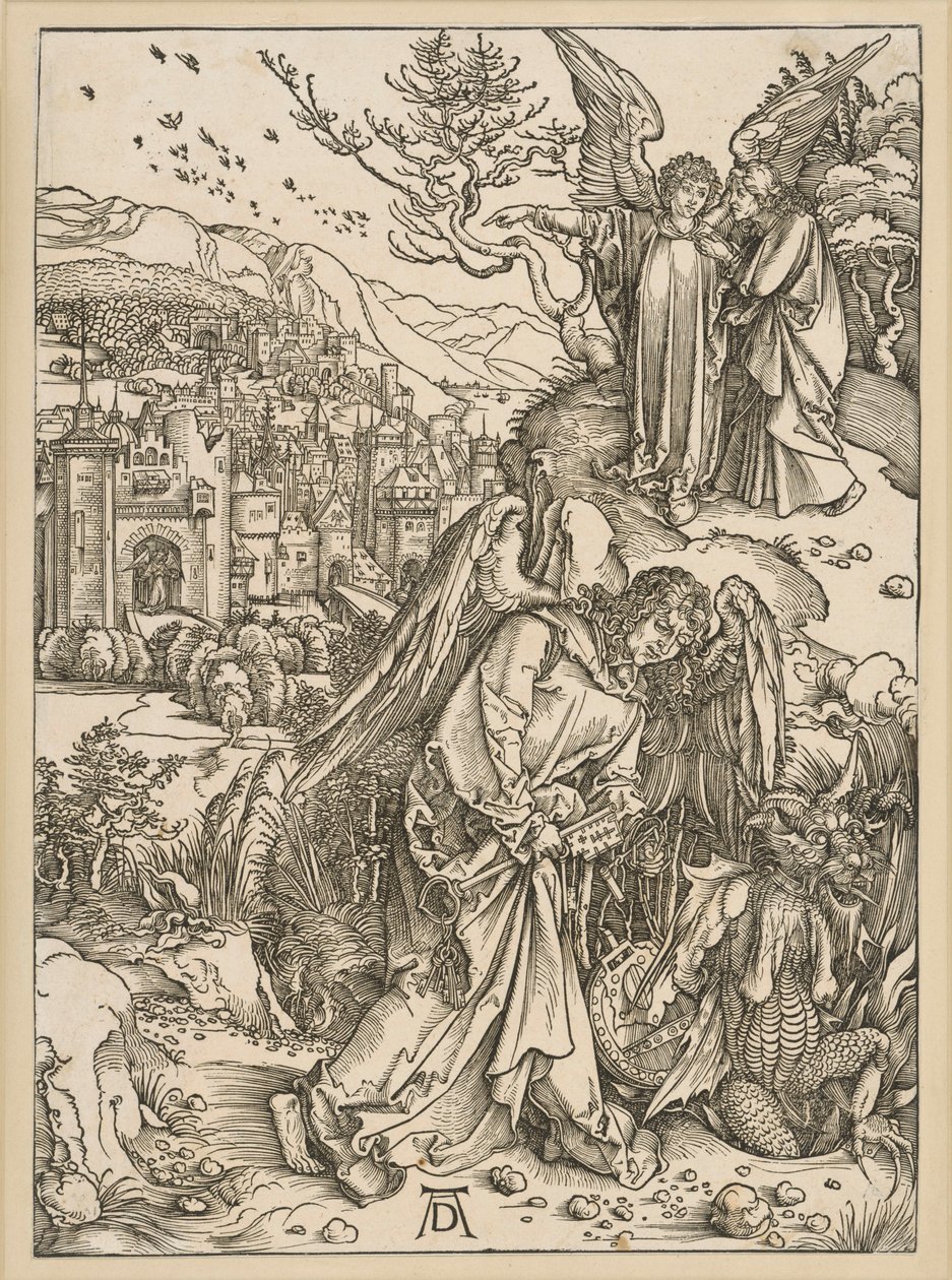 Anděl vrhá draka do propasti a uzavírá ho v ní (Apokalypsa) od Albrecht Dürer