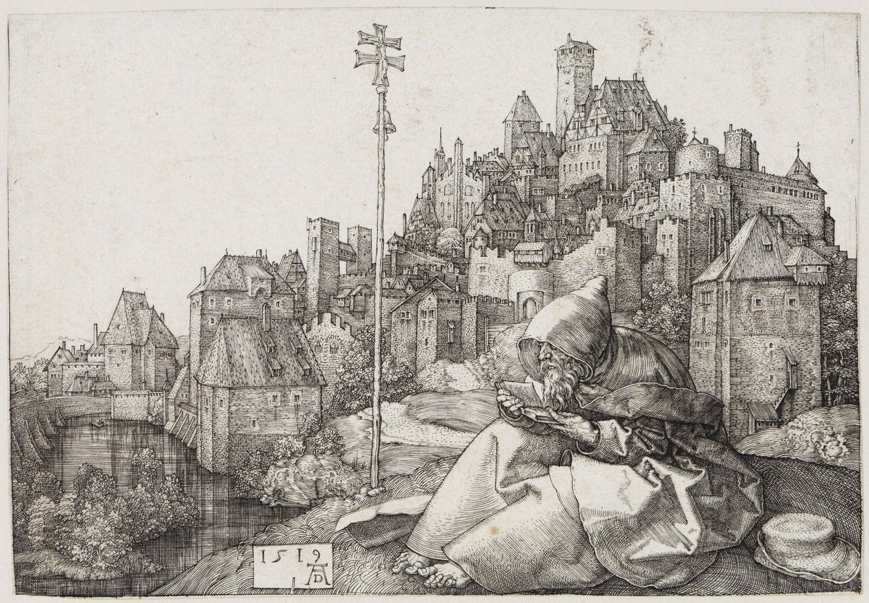 Svatý Antonín před městem od Albrecht Dürer