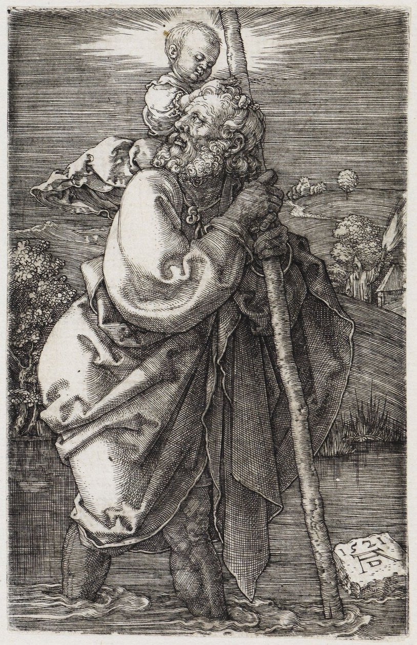 Svatý Kryštof s hlavou otočenou dozadu od Albrecht Dürer