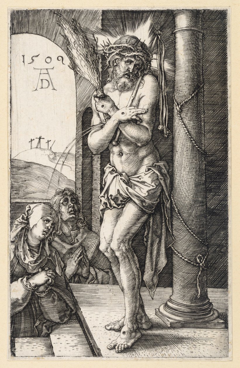 Muž bolesti u sloupu bičování (Mědirytová pašije) od Albrecht Dürer