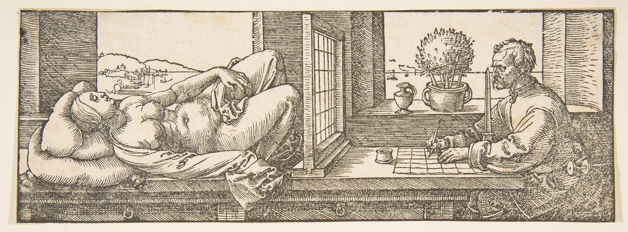 Kreslíř vytváří perspektivní kresbu ležící ženy, ca. 1600. od Albrecht Dürer