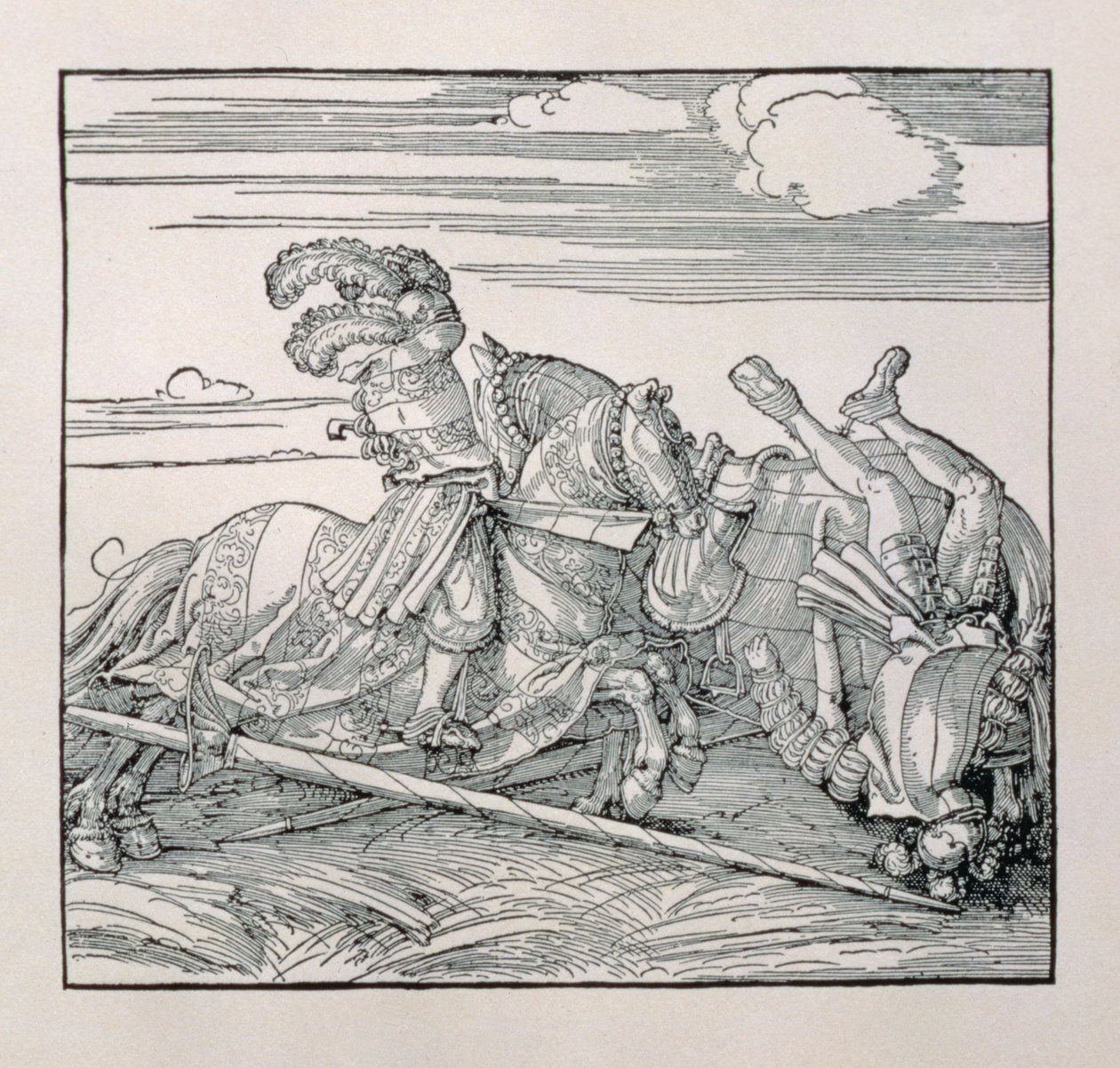 Německý císař Maxmilián I. (1459-1519) sesadil protivníka v klání z nepublikované knihy oslavující rytířské činy císařů, kolem roku 1515 od Albrecht Dürer