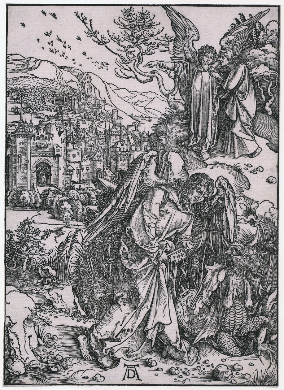 Anděl s klíčem k propasti, XIV. postava, list 16 ze série „Apokalypsa“ od Albrecht Dürer