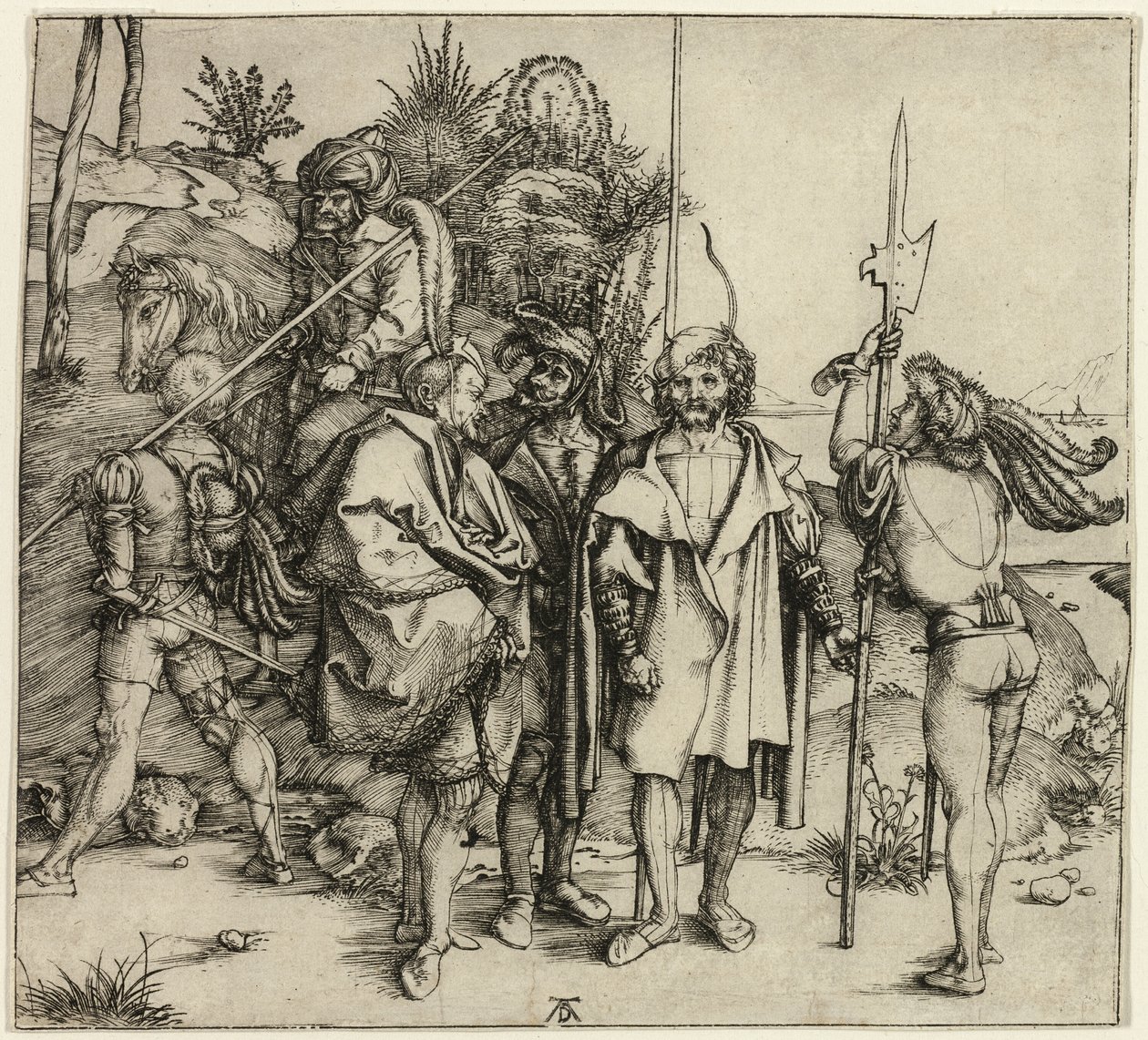 Pět landsknechtů a orientální muž na koni od Albrecht Dürer