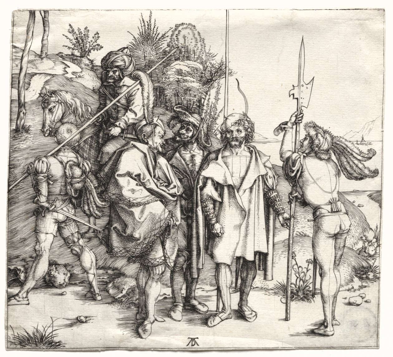 Pět vojáků a Turek na koni od Albrecht Dürer