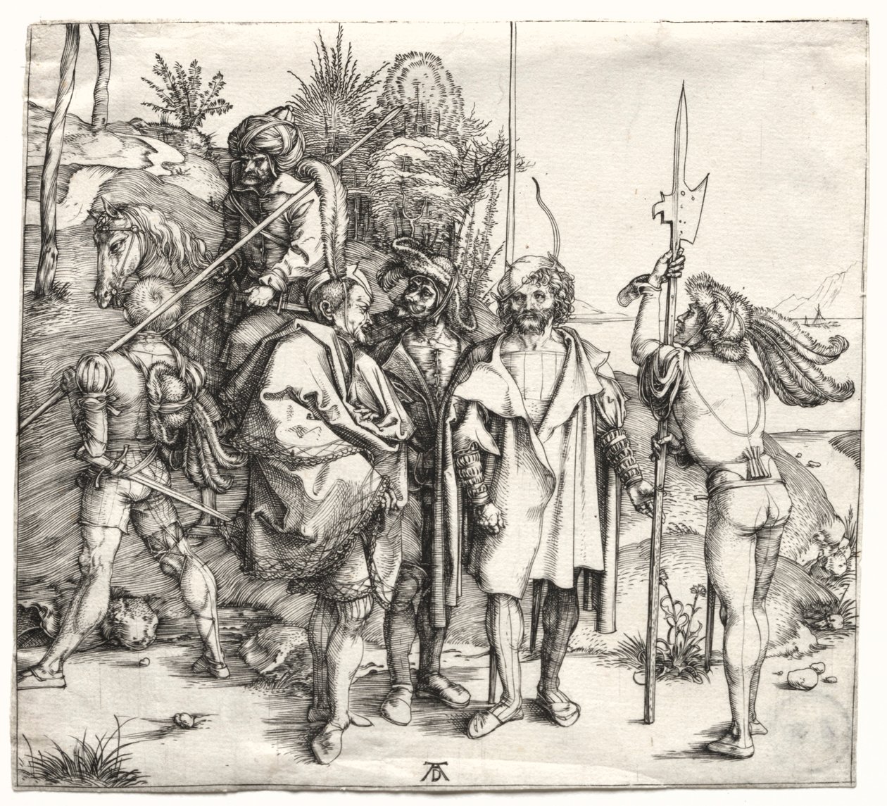 Pět vojáků a Turek na koni, pravděpodobně 1496. od Albrecht Dürer