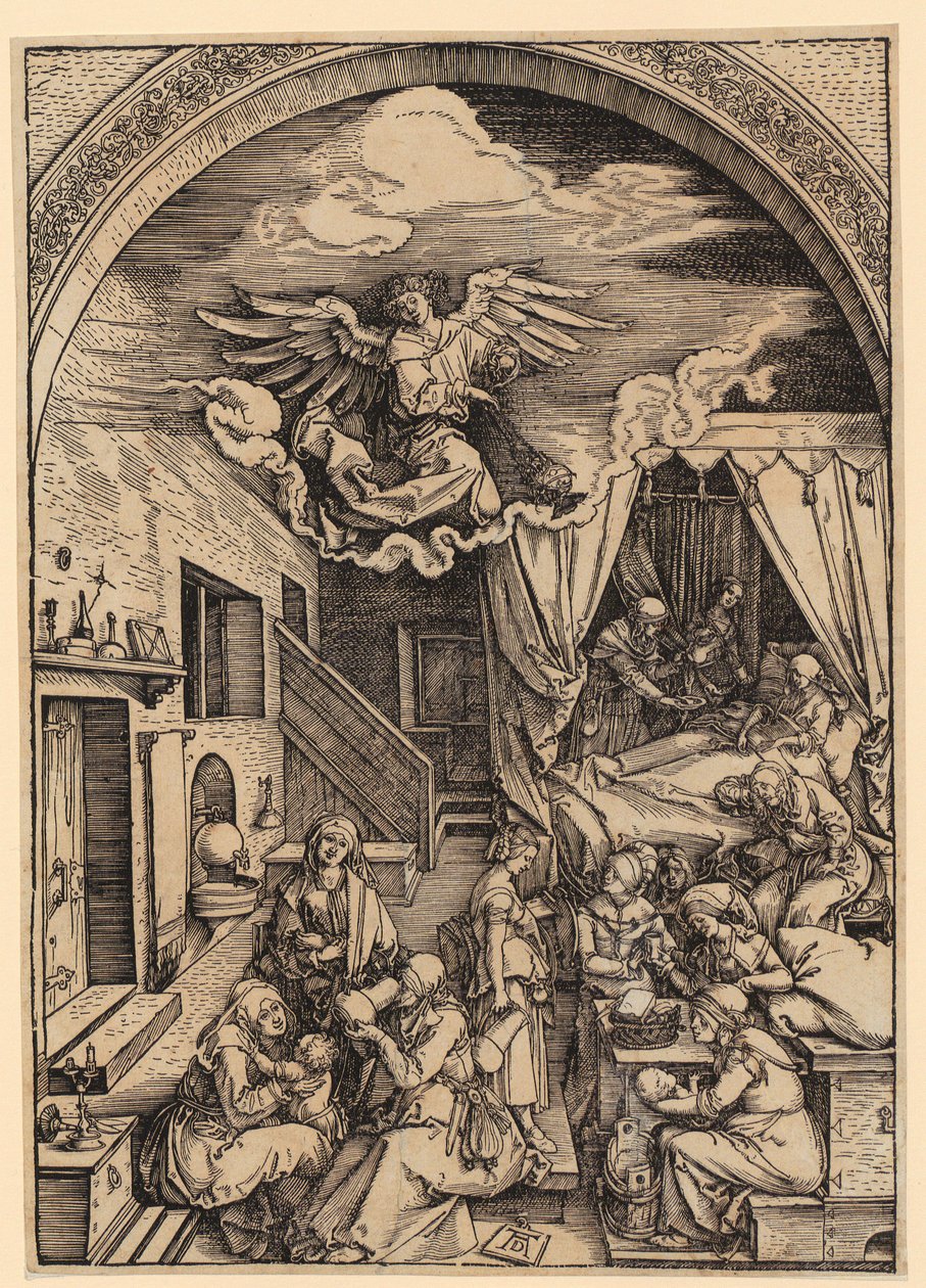 Narození Panny Marie, list 5 ze série „Život Panny Marie“ od Albrecht Dürer