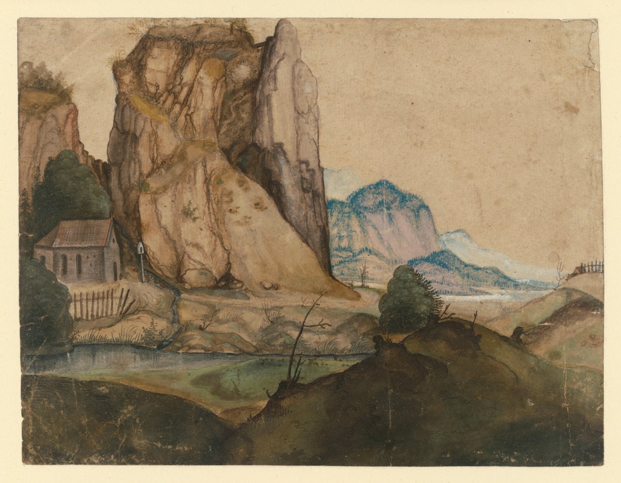 Kopcovitá krajina s kaplí pod vysokými skalami od Albrecht Dürer