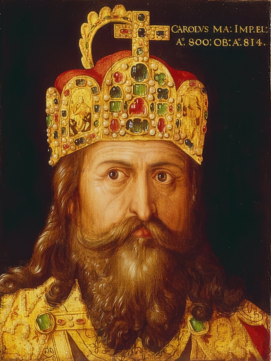 Ideální portrét císaře Karla Velikého v korunovačních klenotech s císařskou korunou. Norimberk, 1517 od Albrecht Dürer