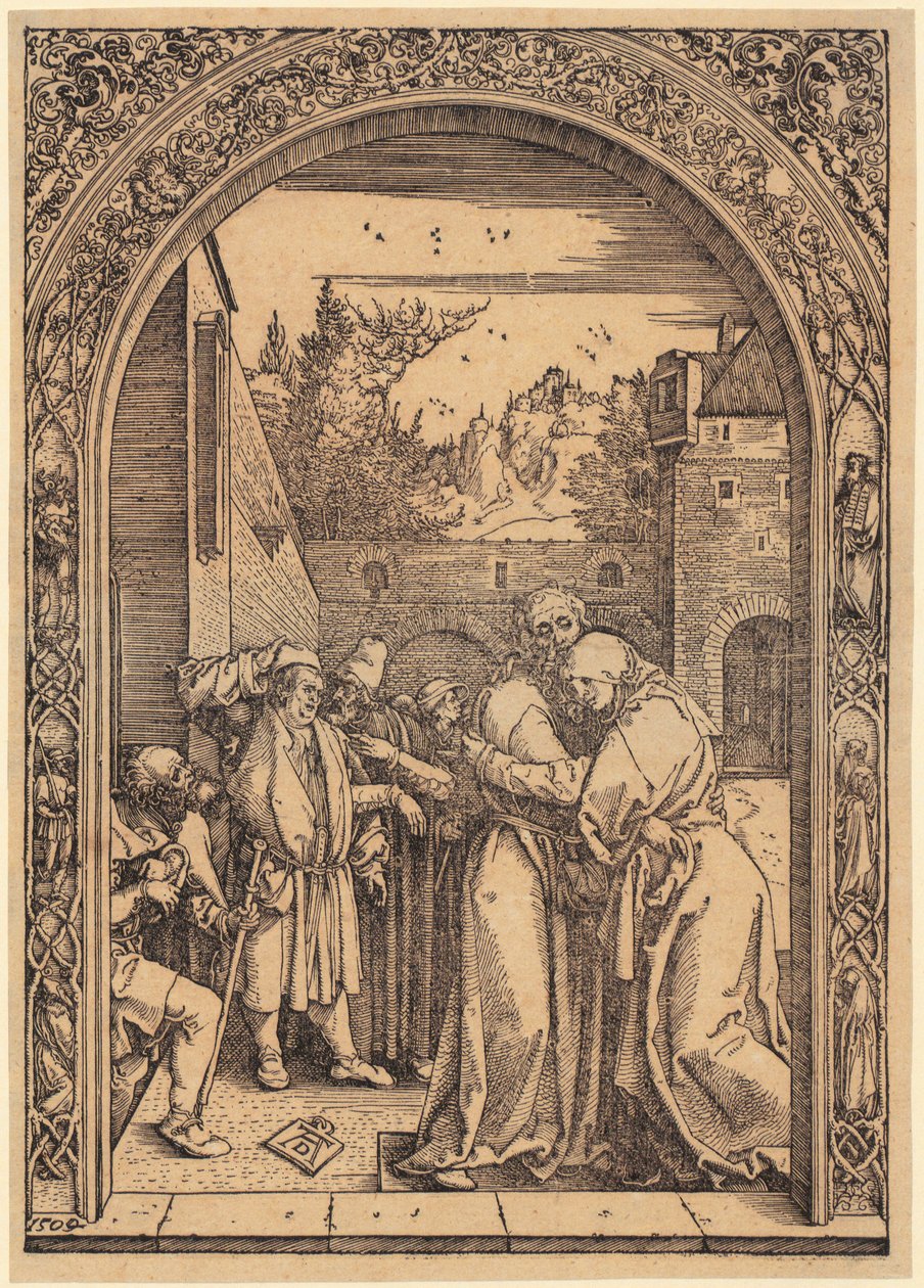 Joachim a Anna pod Zlatou bránou, list č. 4 ze série „Život Panny Marie“ od Albrecht Dürer