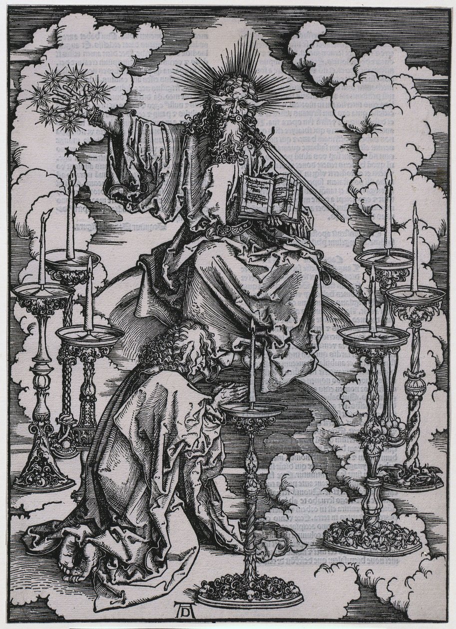 Jan spatřuje sedm svícnů, postava I., list 3 ze série „Apokalypsa“ od Albrecht Dürer