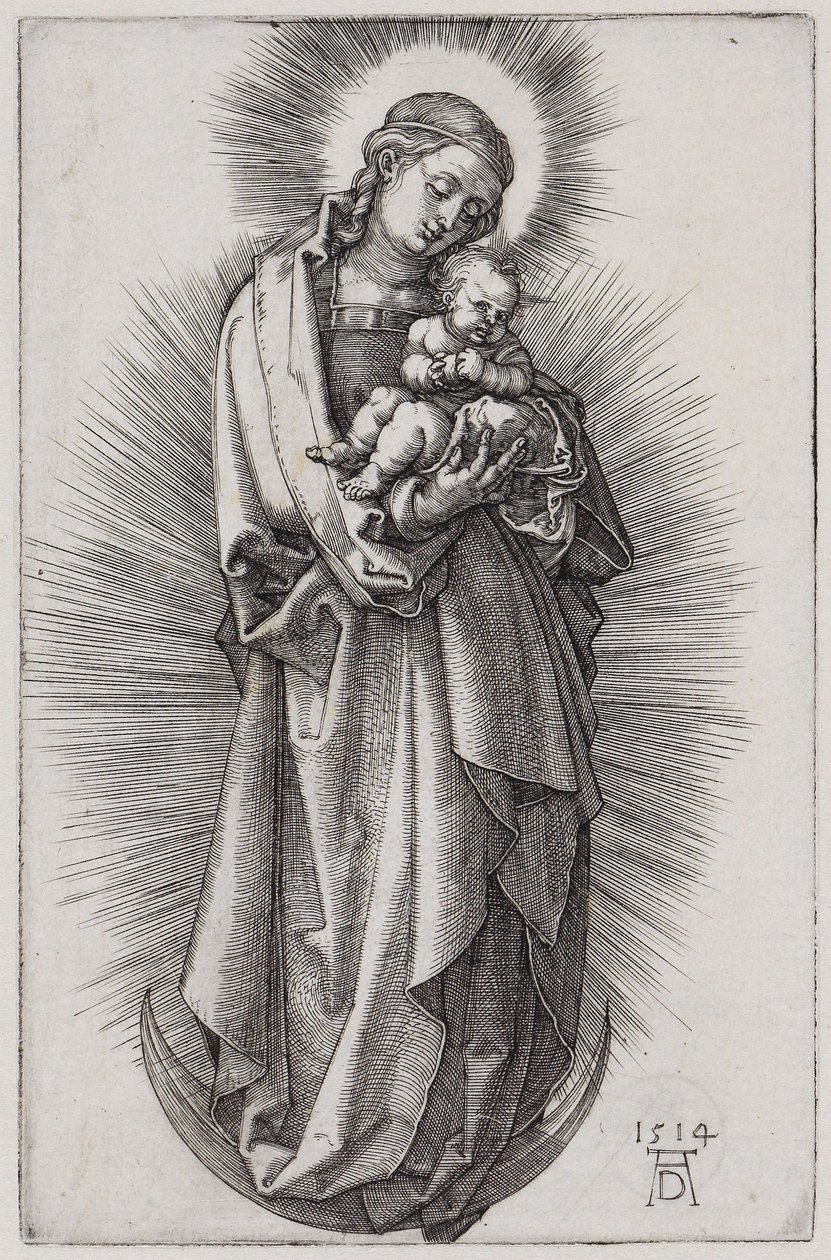 Panna s páskou ve vlasech ve svatozáři na srpku měsíce od Albrecht Dürer