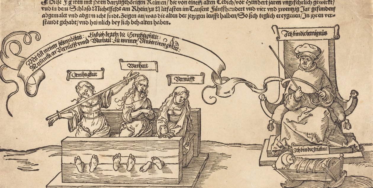 Spravedlnost, pravda a rozum v zásobách se sedícím soudcem a spící zbožností, pravděpodobně 1526. od Albrecht Dürer