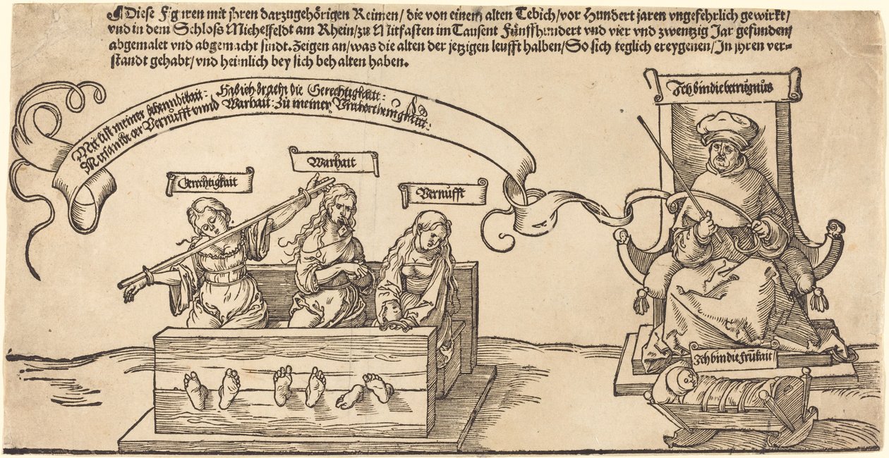 Spravedlnost, pravda a rozum v zásobách se sedícím soudcem a spící zbožností od Albrecht Dürer