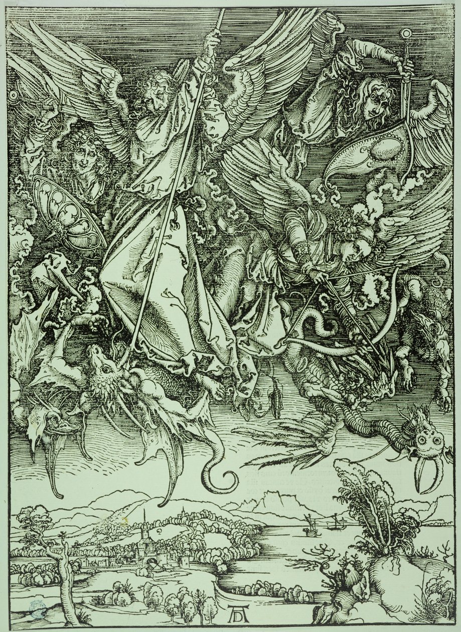 Zjevení (latinské vydání): Svatý Michal poráží draka (Bartsch 72) od Albrecht Dürer