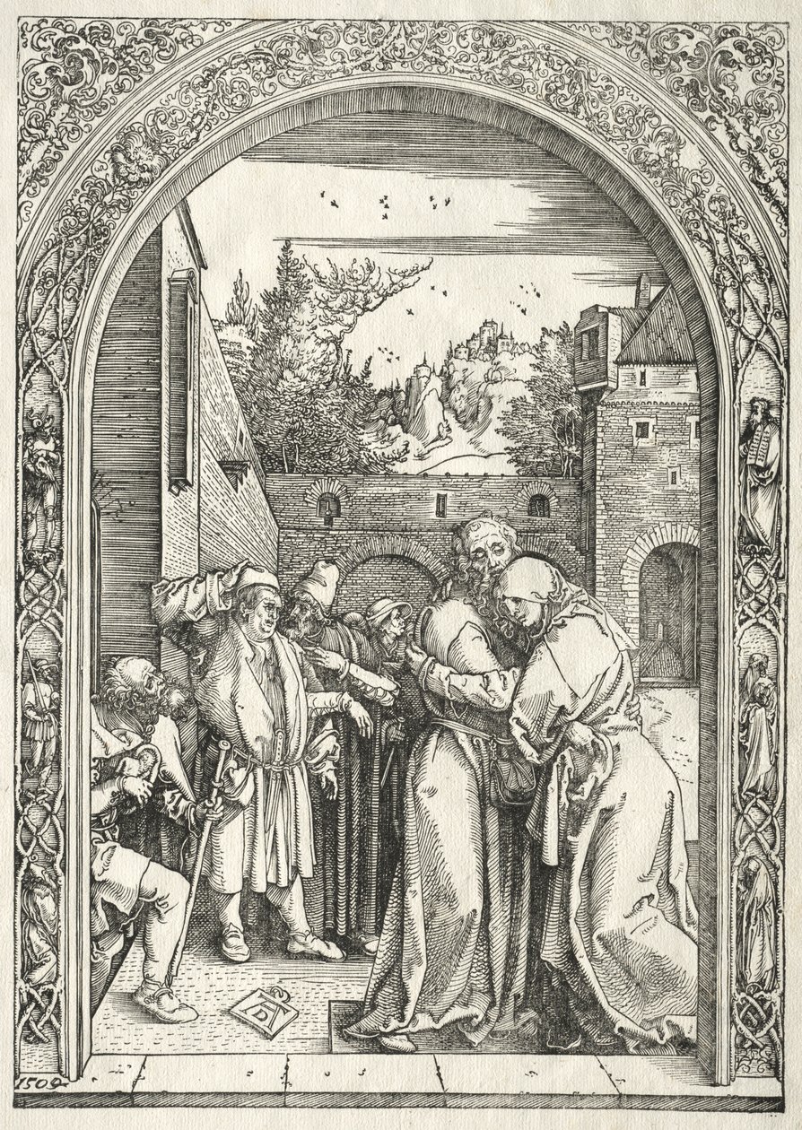 Život Panny: Joachim a Anna objímající se pod Zlatou bránou od Albrecht Dürer