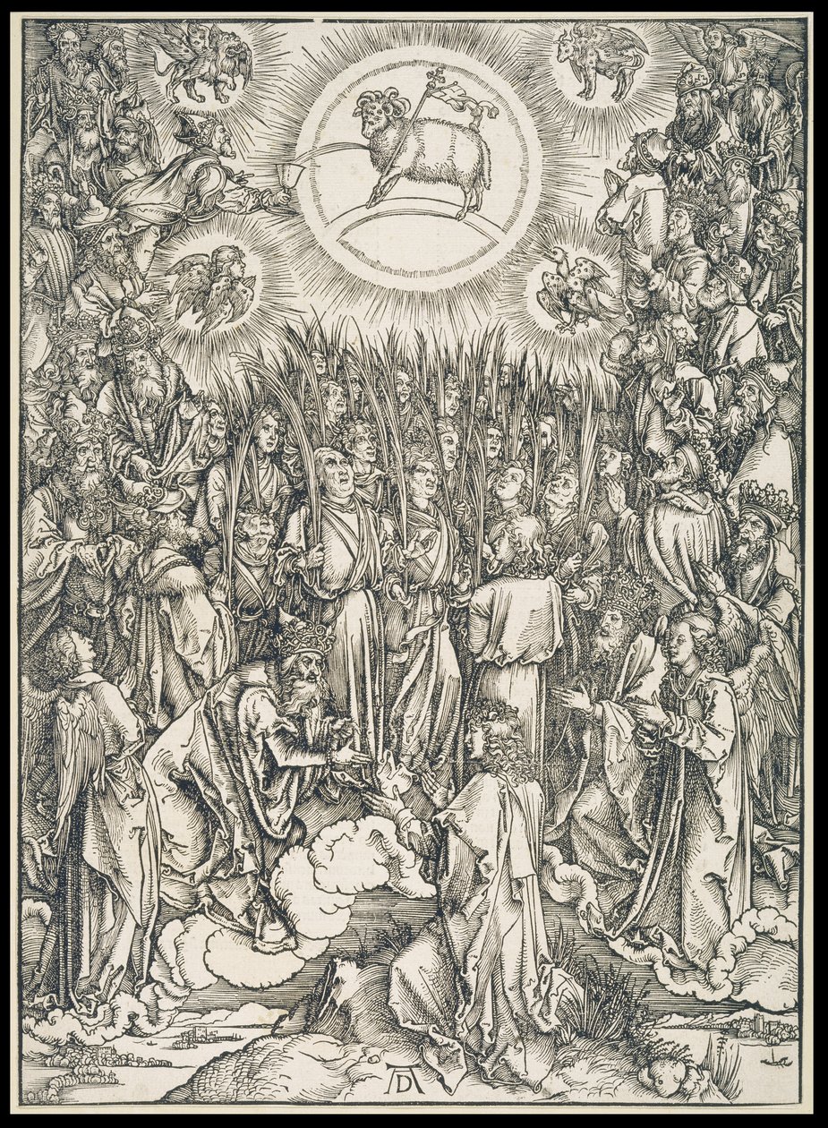 Chvalozpěv vyvolených / Klanění Beránkovi, ze série Apokalypsa, první latinské vydání 1498 od Albrecht Dürer