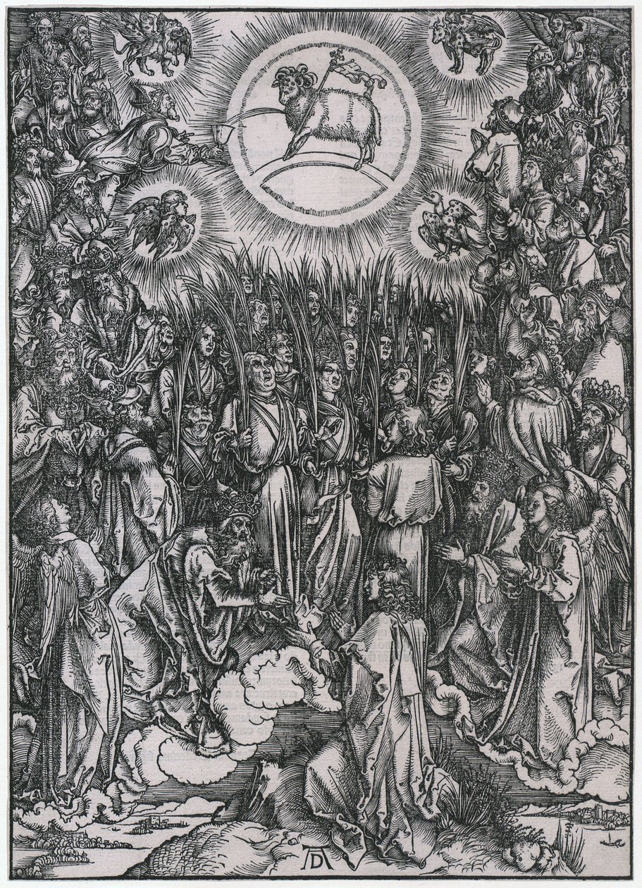 Chvalozpěv vyvolených v nebi / Uctívání Beránka, XII. postava, list 14 ze série „Apokalypsa“ od Albrecht Dürer