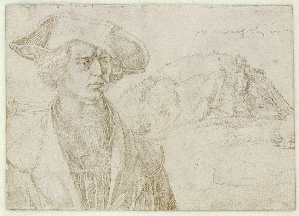 Mužský portrét poprsí (Aert Bruyn?) a krajina u Andernachu od Albrecht Dürer
