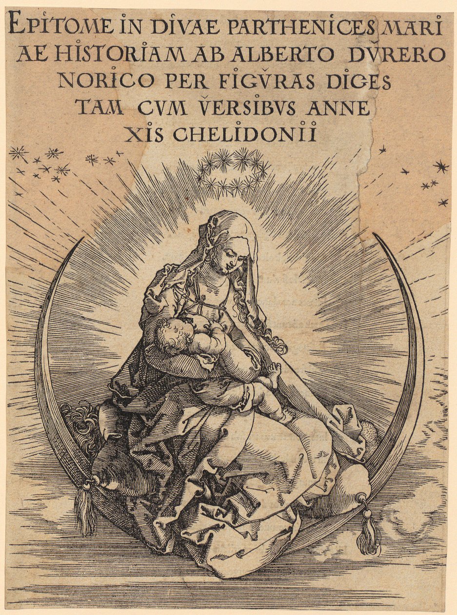 Marie na půlměsíci, list 1 ze série „Život Panny Marie“ od Albrecht Dürer