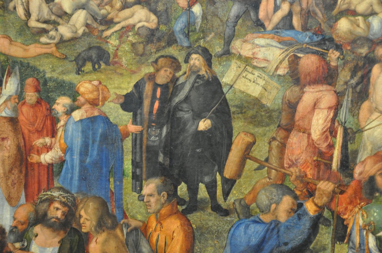 Umučení deseti tisíc křesťanů; detail: Dürer a Conrad Celtis. od Albrecht Dürer