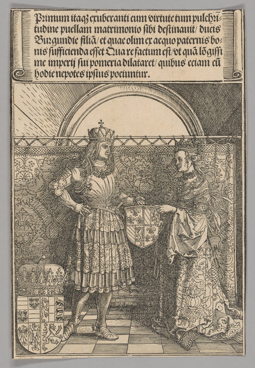 Maxmilián a Marie Burgundská, deska 2 z Historických výjevů ze života císaře Maxmiliána I. z Vítězného oblouku od Albrecht Dürer