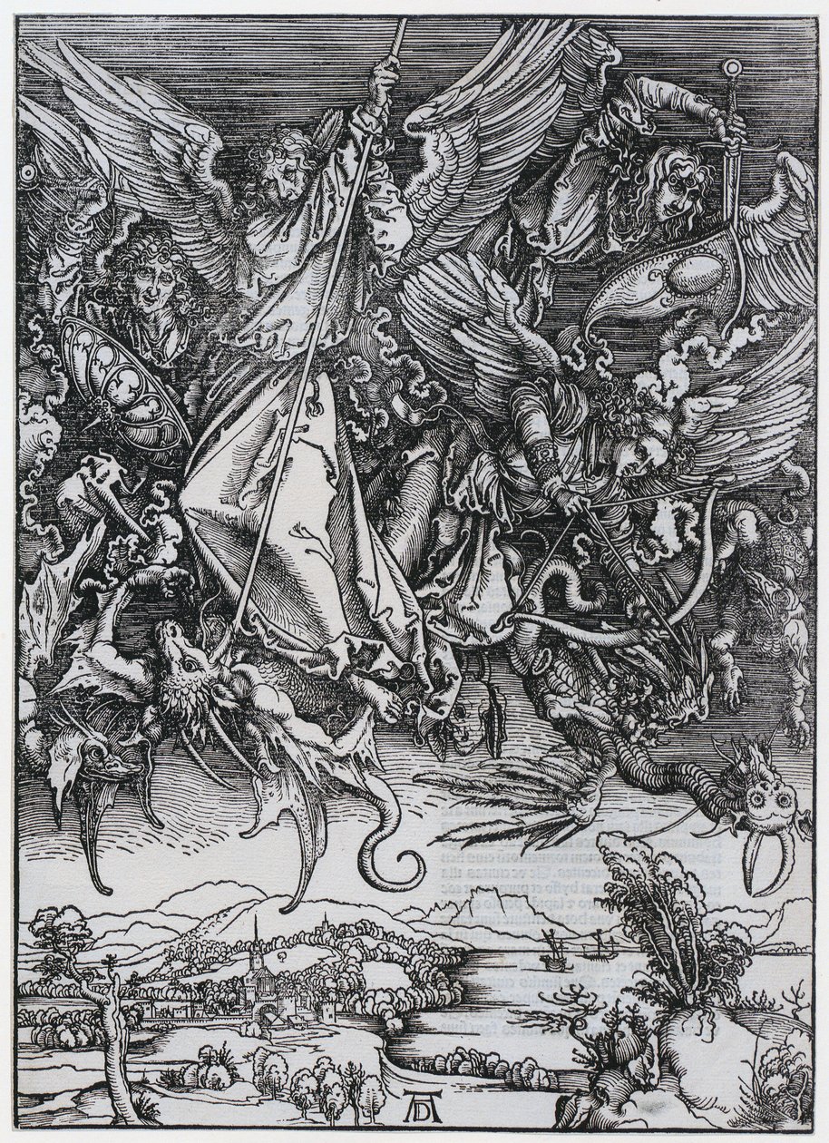 Michaelův boj s drakem, postava X, list 12 ze série „Apokalypsa“ od Albrecht Dürer
