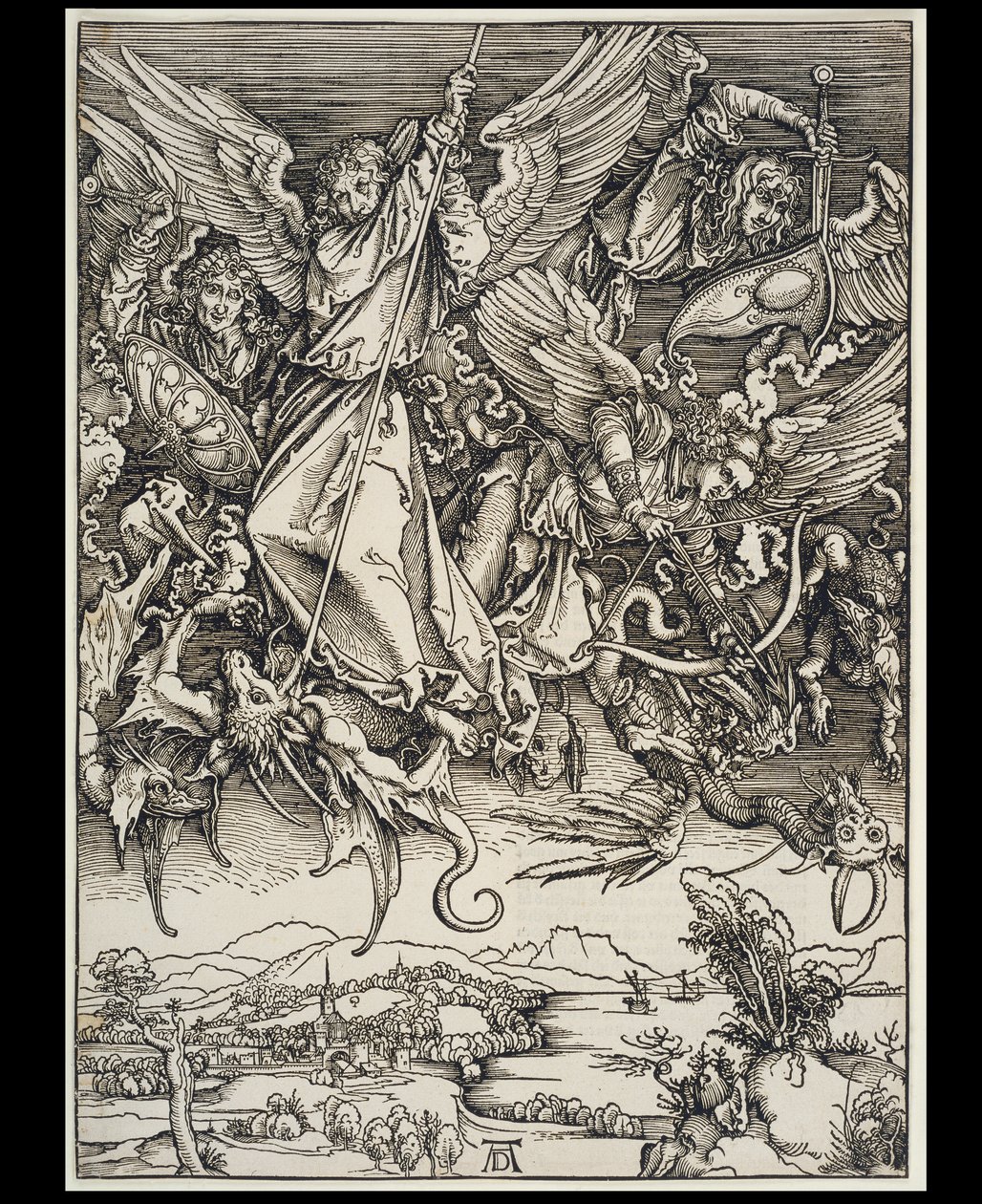 Michaelův boj s drakem, ze série Apokalypsa, první německé vydání 1498 od Albrecht Dürer