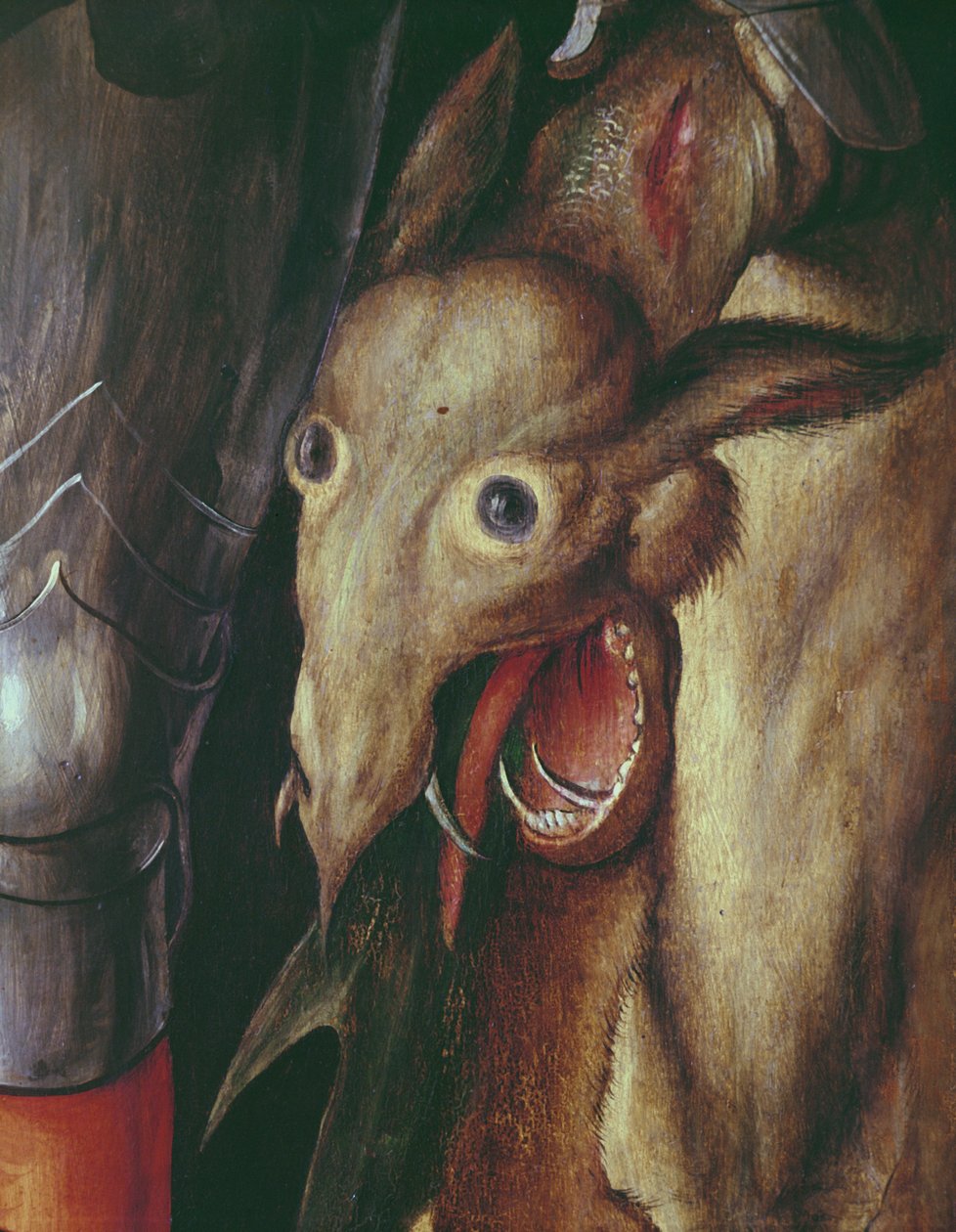 Paumgartnerův oltářní obraz: detail levého křídla, zobrazující hlavu draka poraženého svatým Jiřím, kolem roku 1500 tempera na desce detail 495745 od Albrecht Dürer