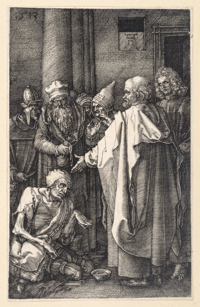 Petr a Jan uzdravují chromého žebráka v chrámu (Mědirytová pašije) od Albrecht Dürer