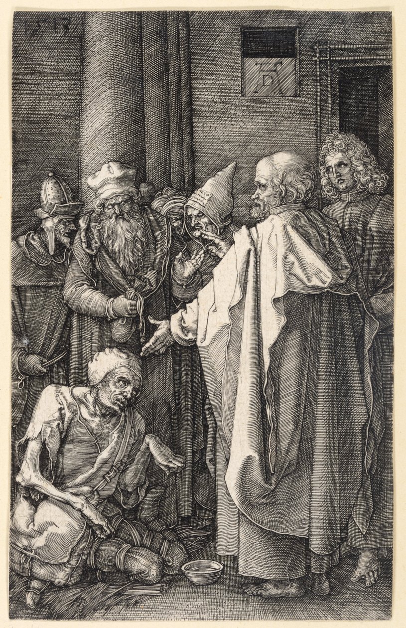 Petr a Jan uzdravují chromého žebráka v chrámu (Mědirytinové pašije) od Albrecht Dürer