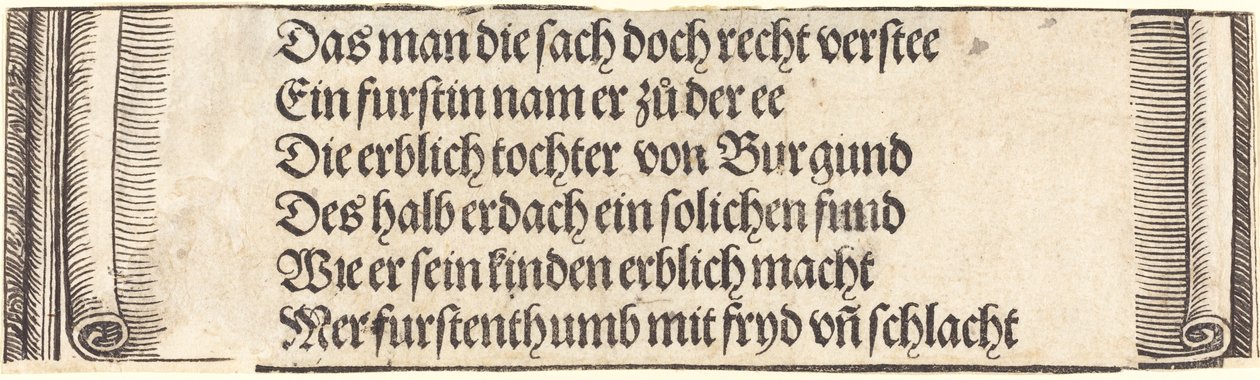 Tištěný text pro "Zasnoubení Maxmiliána s Marií Burgundskou" od Albrecht Dürer