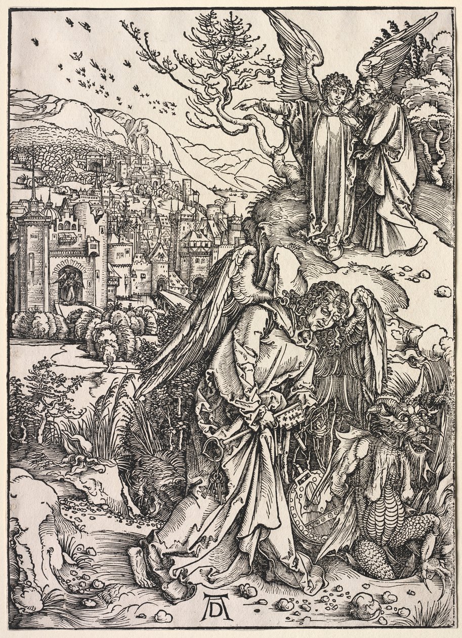 Zjevení svatého Jana: Anděl s klíčem od bezedné jámy, 1511. od Albrecht Dürer