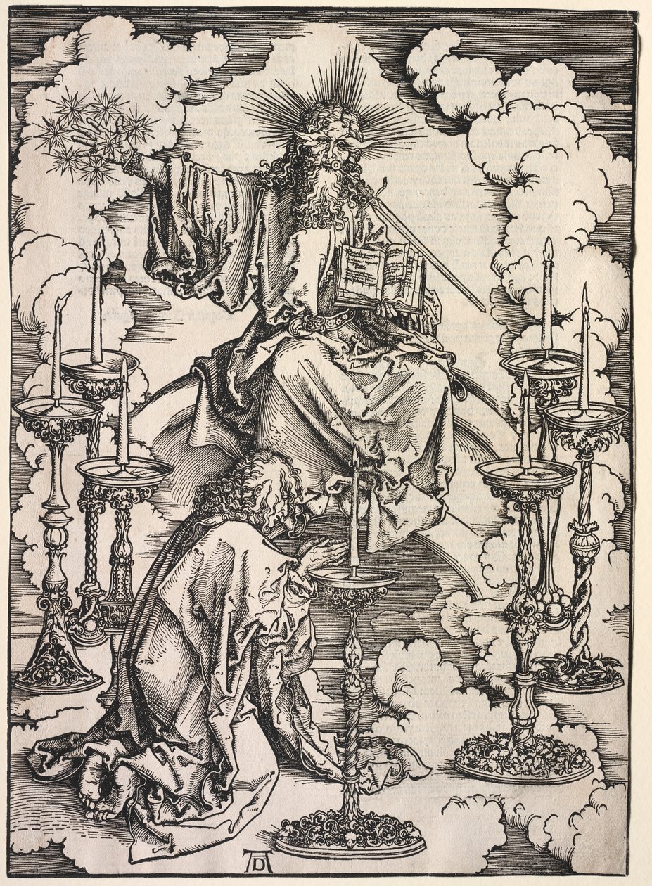 Zjevení svatého Jana: Svatý Jan s pohledem na sedm svícnů od Albrecht Dürer