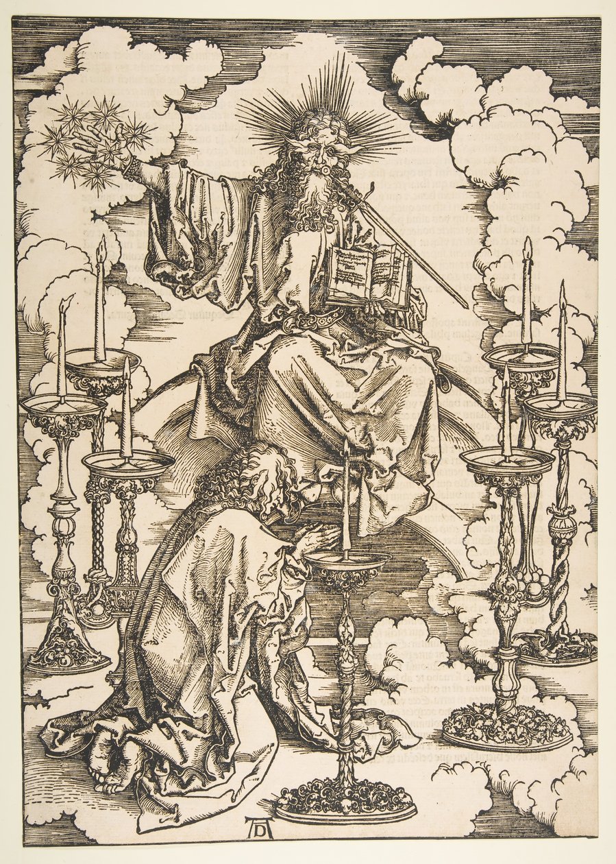 Saint John Beholding the Seven Golden Candlesticks, z The Apocalypse.n.d. od Albrecht Dürer